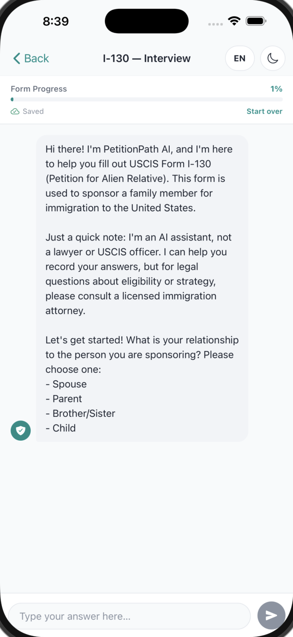 PetitionPath AI form interview screen